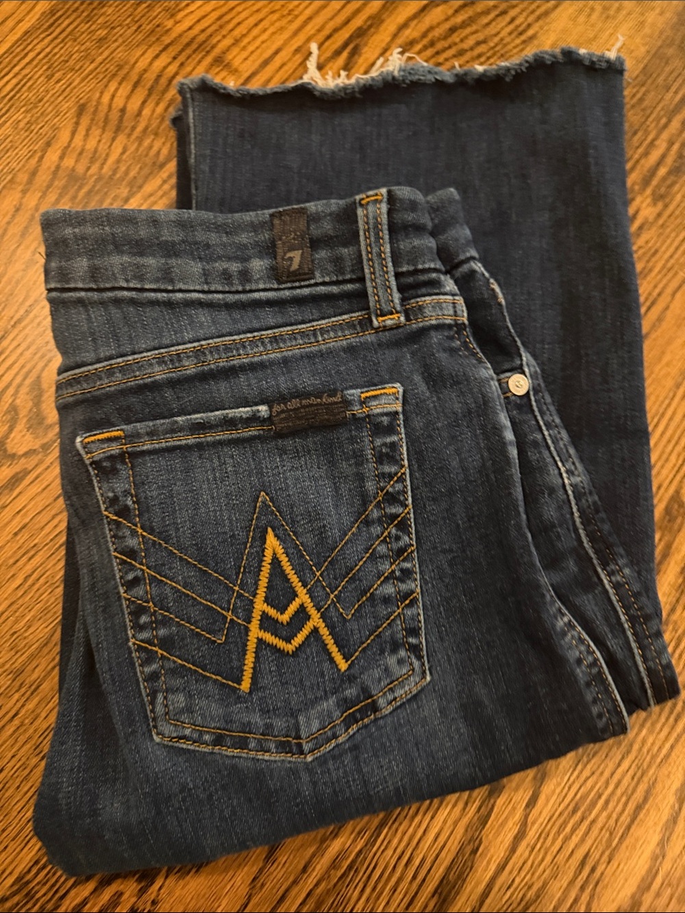 7 For All Mankind Women's Dark Blue Bootcut Jeans with Gold Stitching